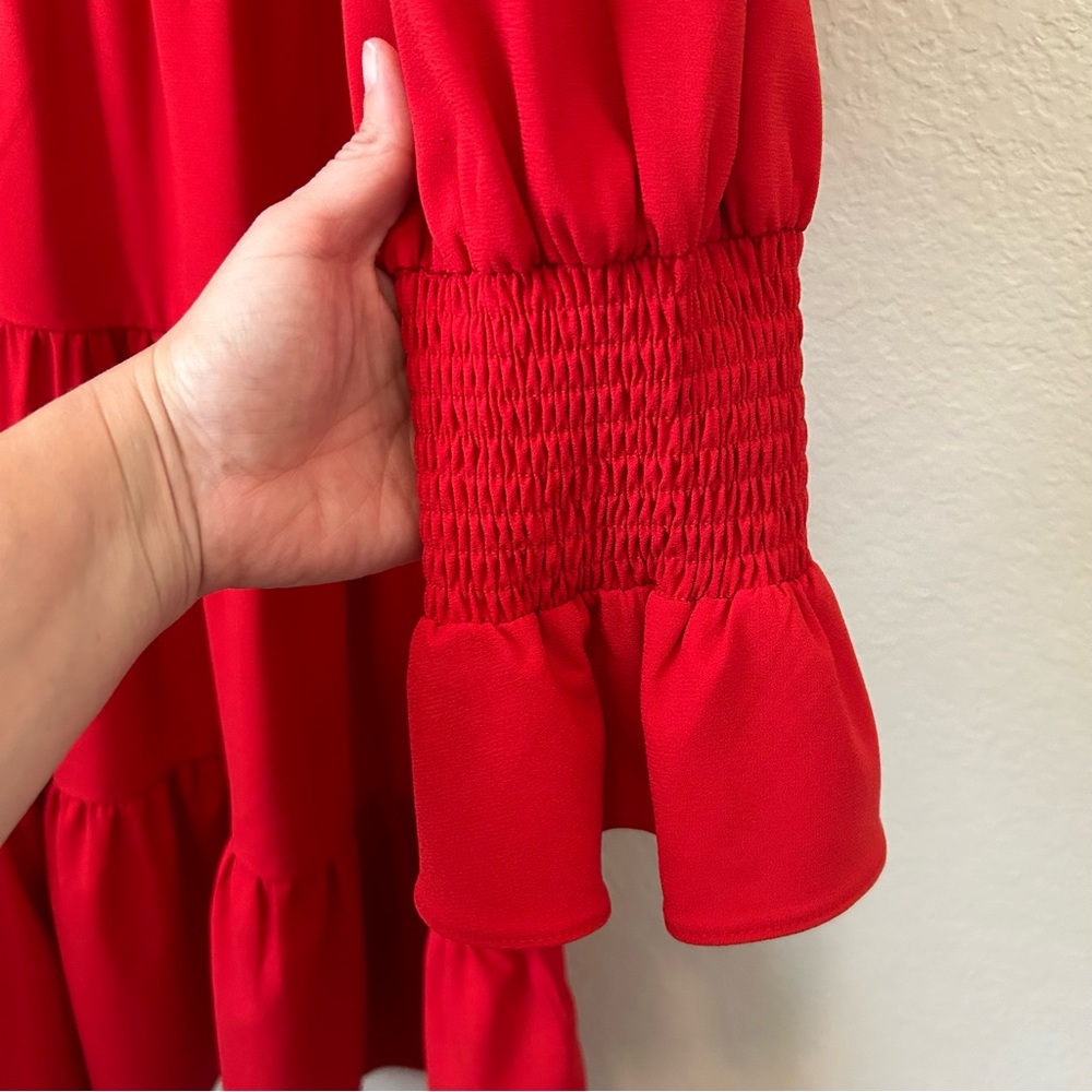 Tuckernot Pomander Place Red Crepe Kenzo Ruffle via-neck long sleeve Dress Sz L - Picture 11 of 16
